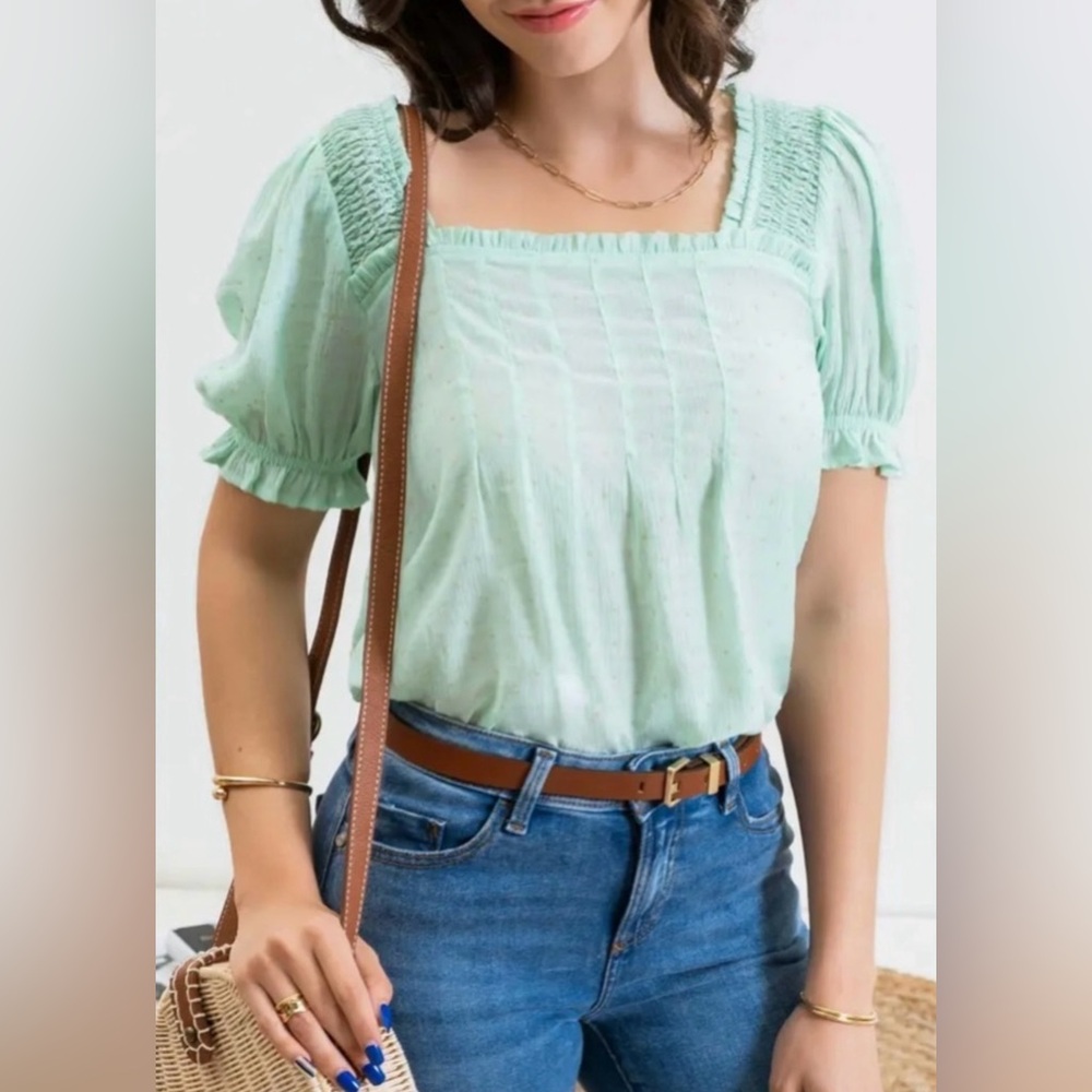 Mint Back Ribbon Tie Puff Sleeves Perch blouse